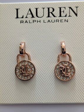 Lauren Ralph Lauren Rose Gold Pave Lock Padlock Stud Earrings NEW